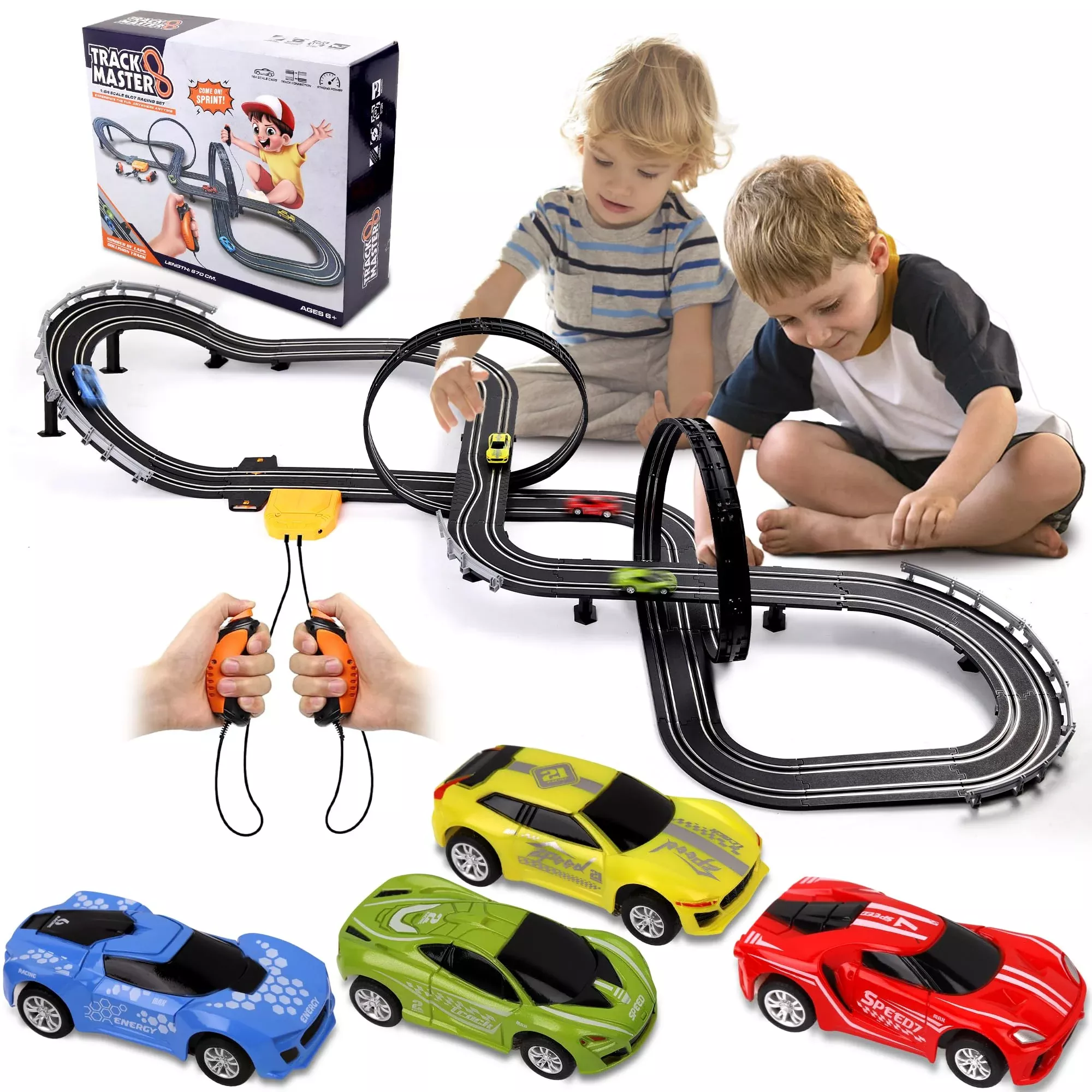 Slot Car Race Track Sets, 23 Ft Powered Or Electric Track With 4 Slot