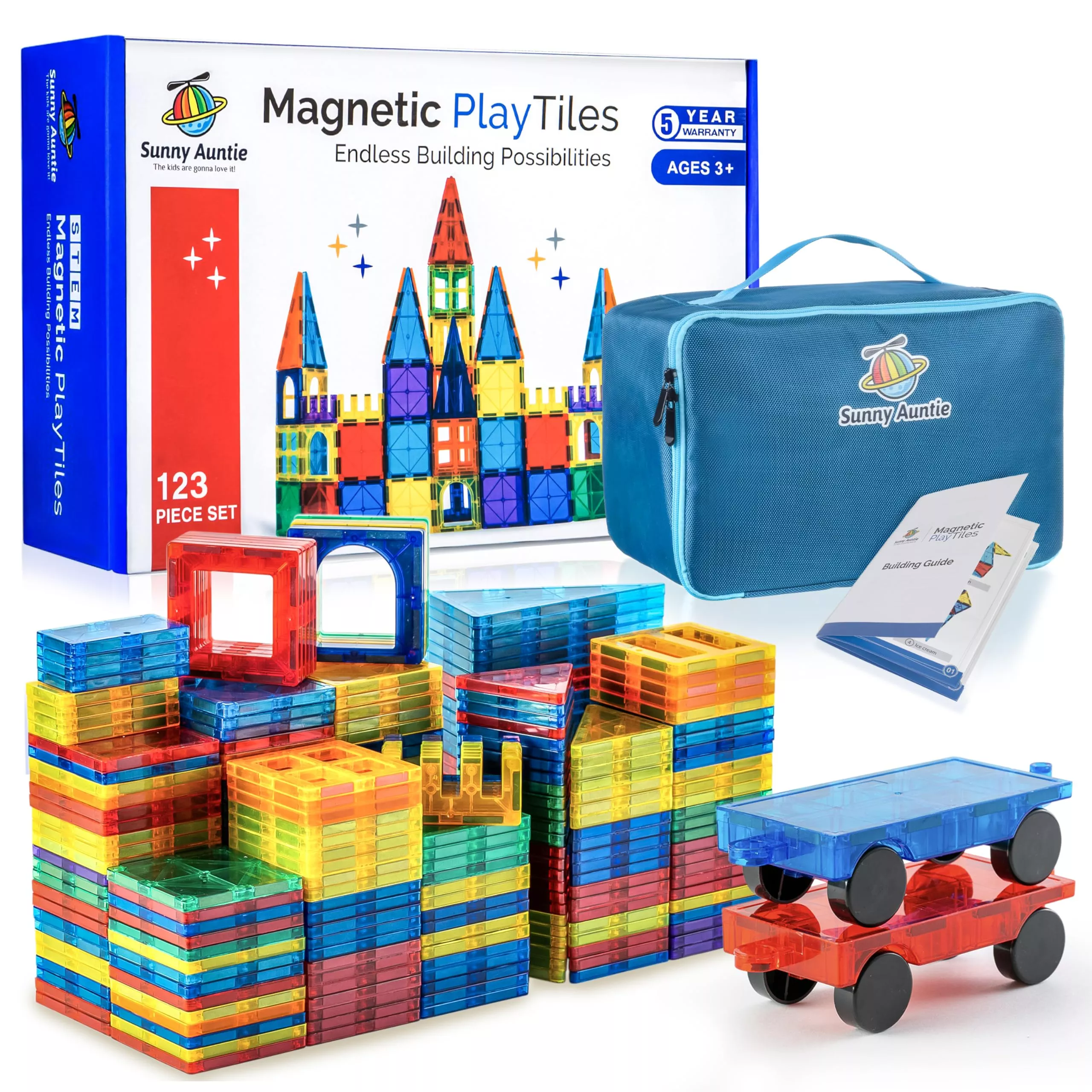 SUNNY AUNTIE Magnetic Tiles Set, 123 PCS with Zippered Case, Plastic E