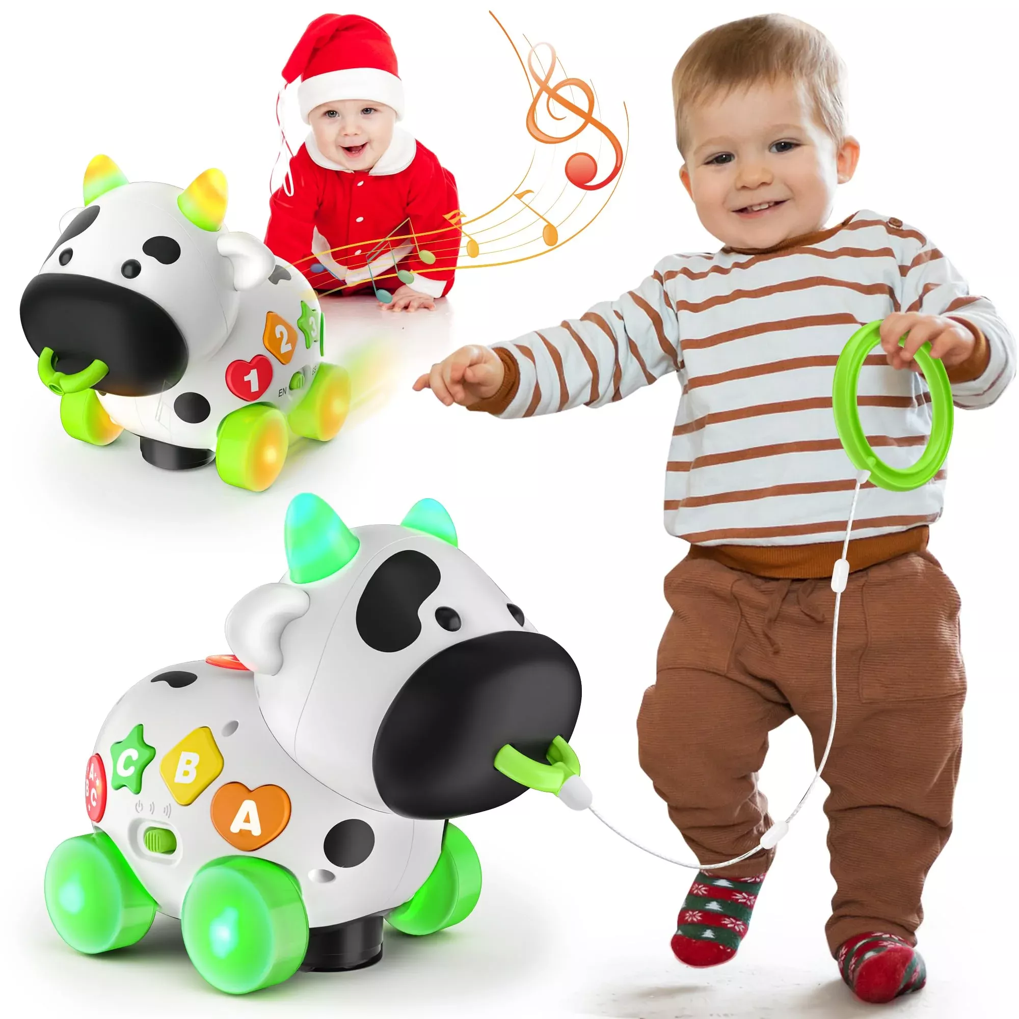 Talkfun Musical Cow Toy for 1+ Year Olds, Bilingual, Green, Medium