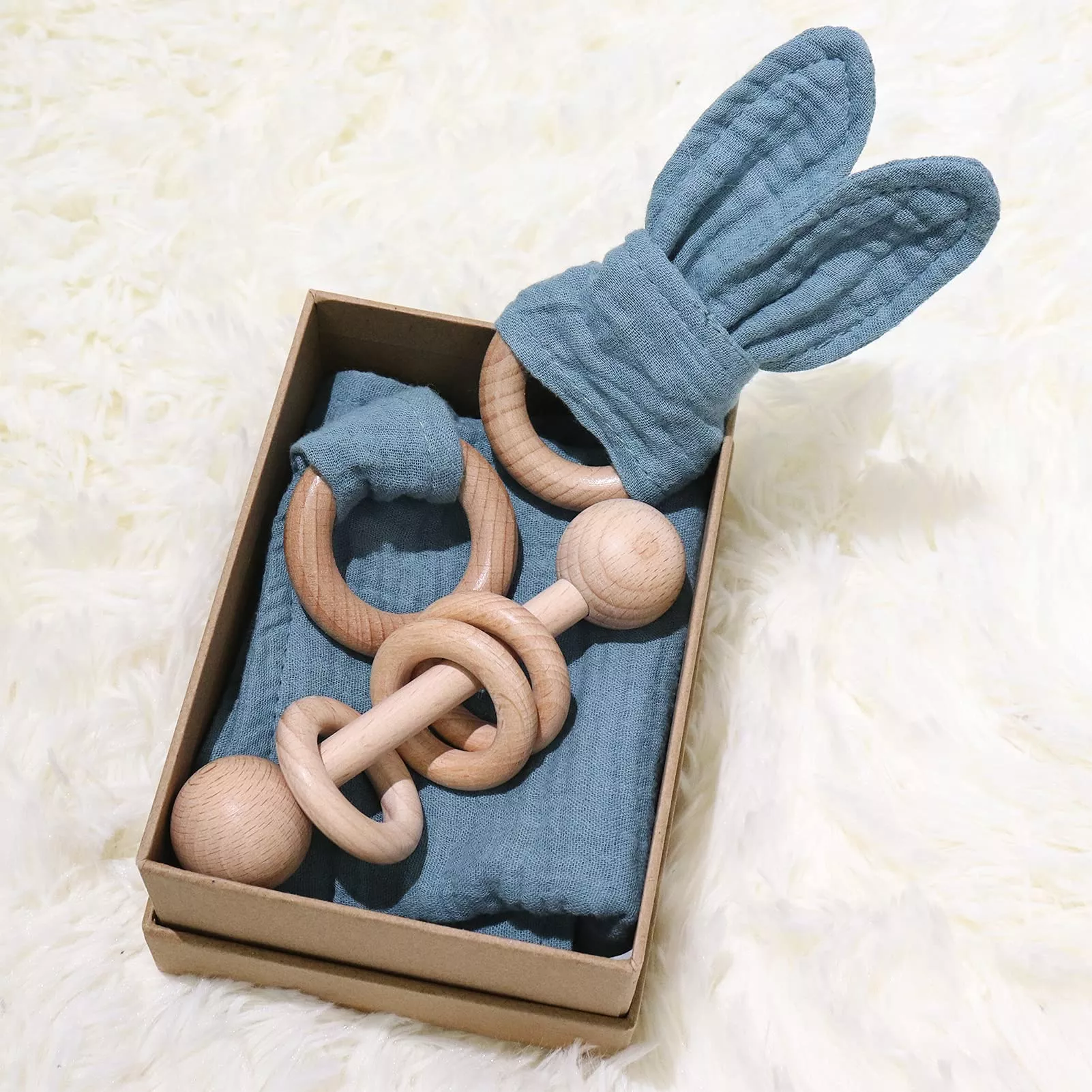 TANOFAR Baby Security Blanket Set with Teething Ring, Blue, 3 Pieces