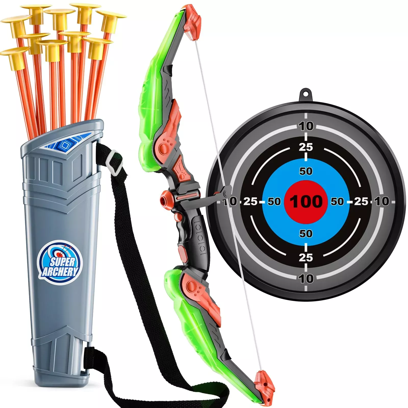 TEMI Archery Set for Kids - Green Bow with LED Light, 10 Arrows