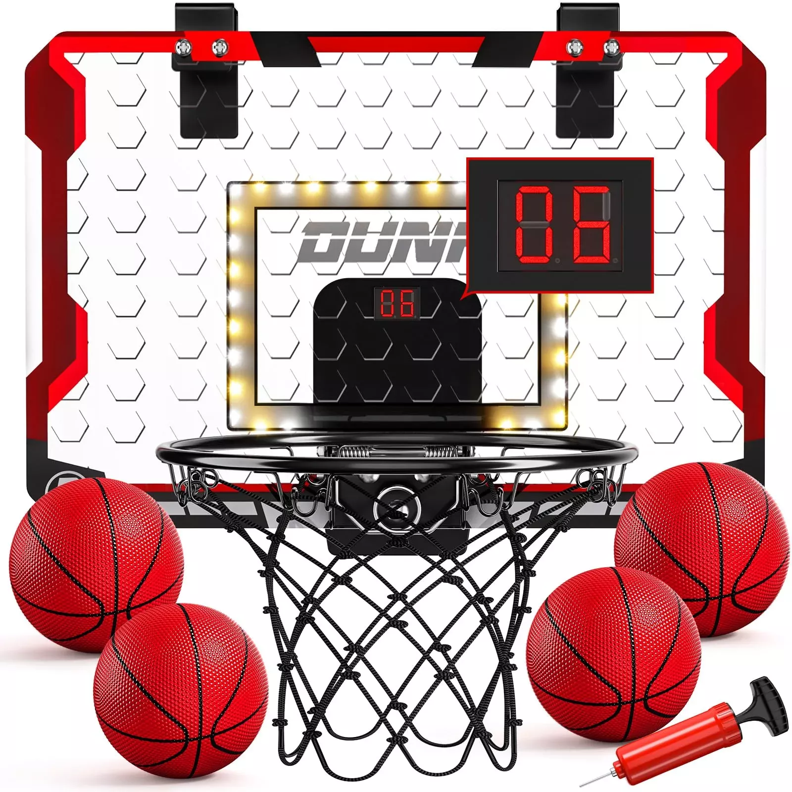 TEMI Basketball Hoop Indoor Mini Hoop with LED Light & 4 Balls, Red