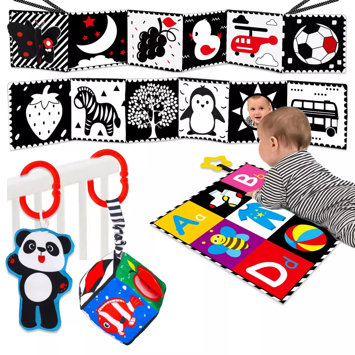 Thremhoo Black and White Baby Toys Set for Newborns, Medium, 4 PCS