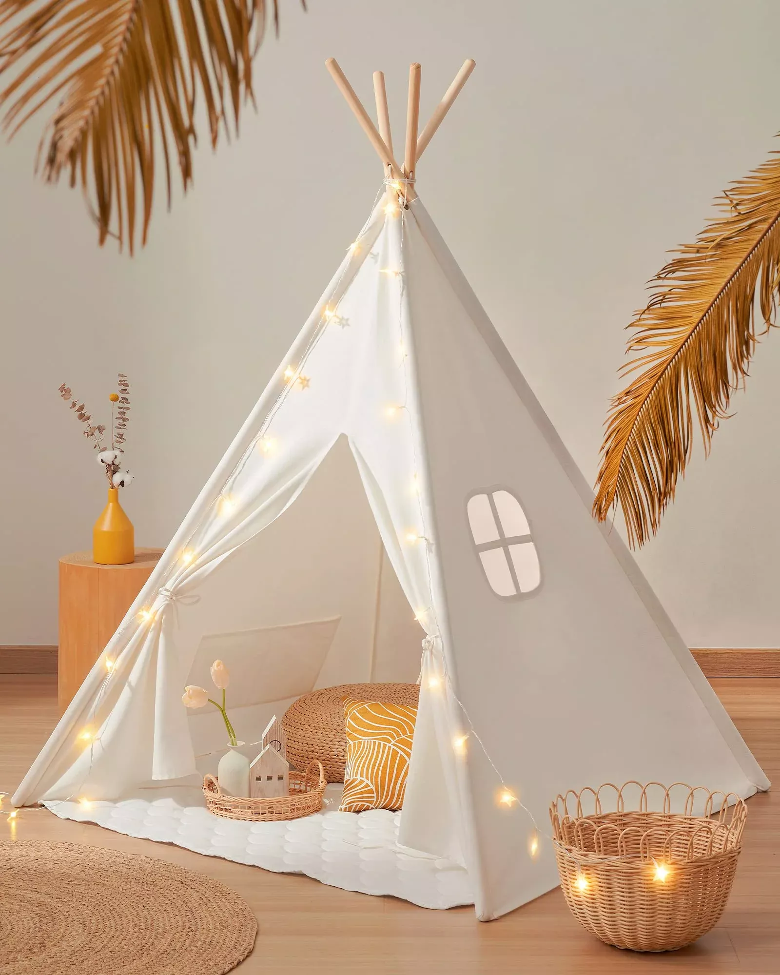 Tiny Land Kids Teepee Tent, Indoor Play, 48" Off-white, Cotton Canvas