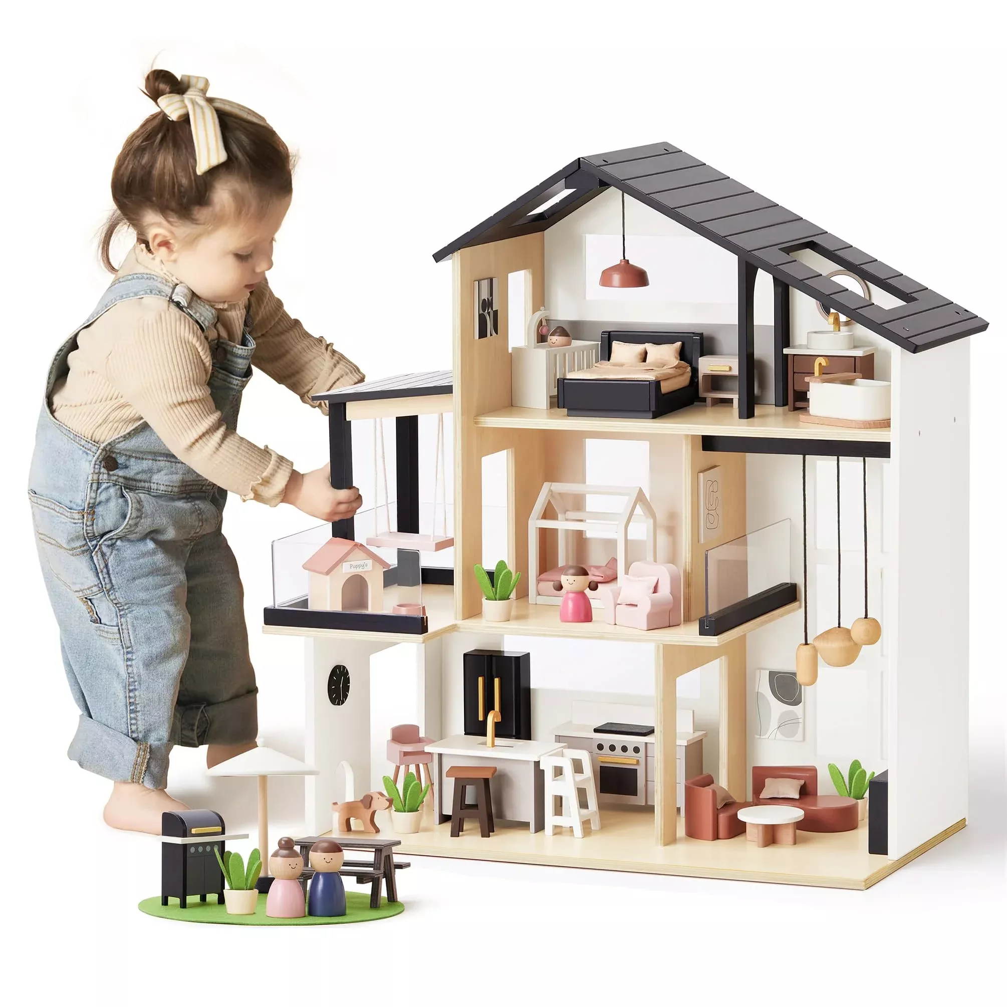 Tiny Land Modern Wooden Dollhouse, 7 Rooms, 53 Accessories, Black