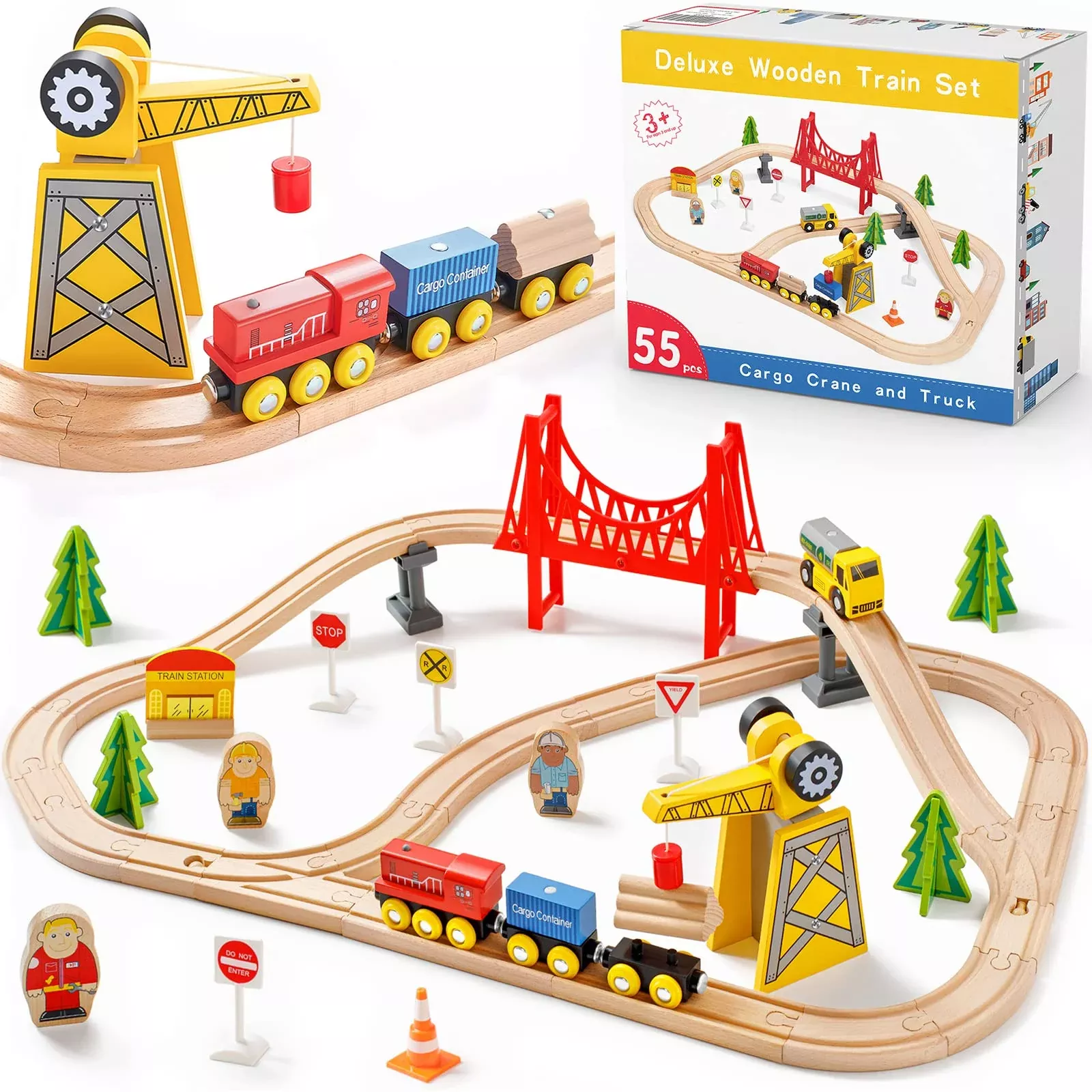 Tiny Land Wooden Train Set for Kids - 55PCS, Wood Color