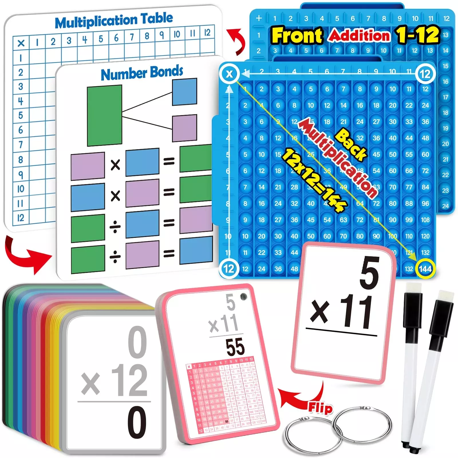 Torlam Math Game Flash Cards & Board, Large, White + Blue, 175 Cards