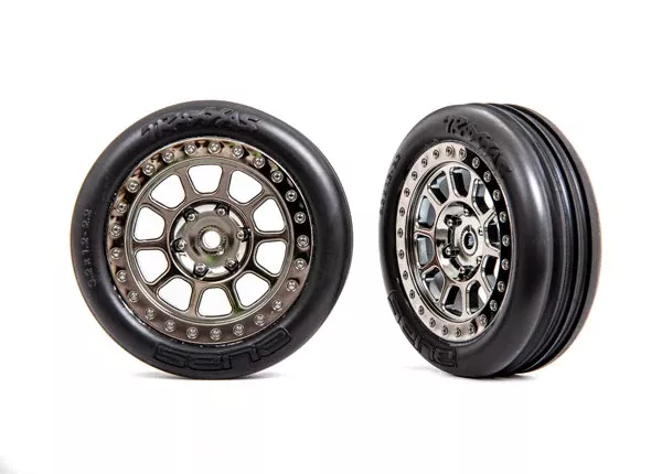 Traxxas 2471T Front 2.2" Alias Ribbed Medium Compound Tires mounted on Black Chrome Wheels 2 Pack