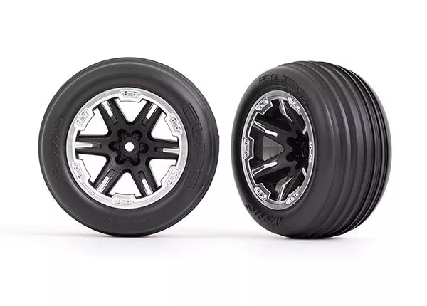 Traxxas 3771X 2.8" RXT Black and Satin Wheels with Ribbed Tires Front of Rustler 2WD 2 Pack