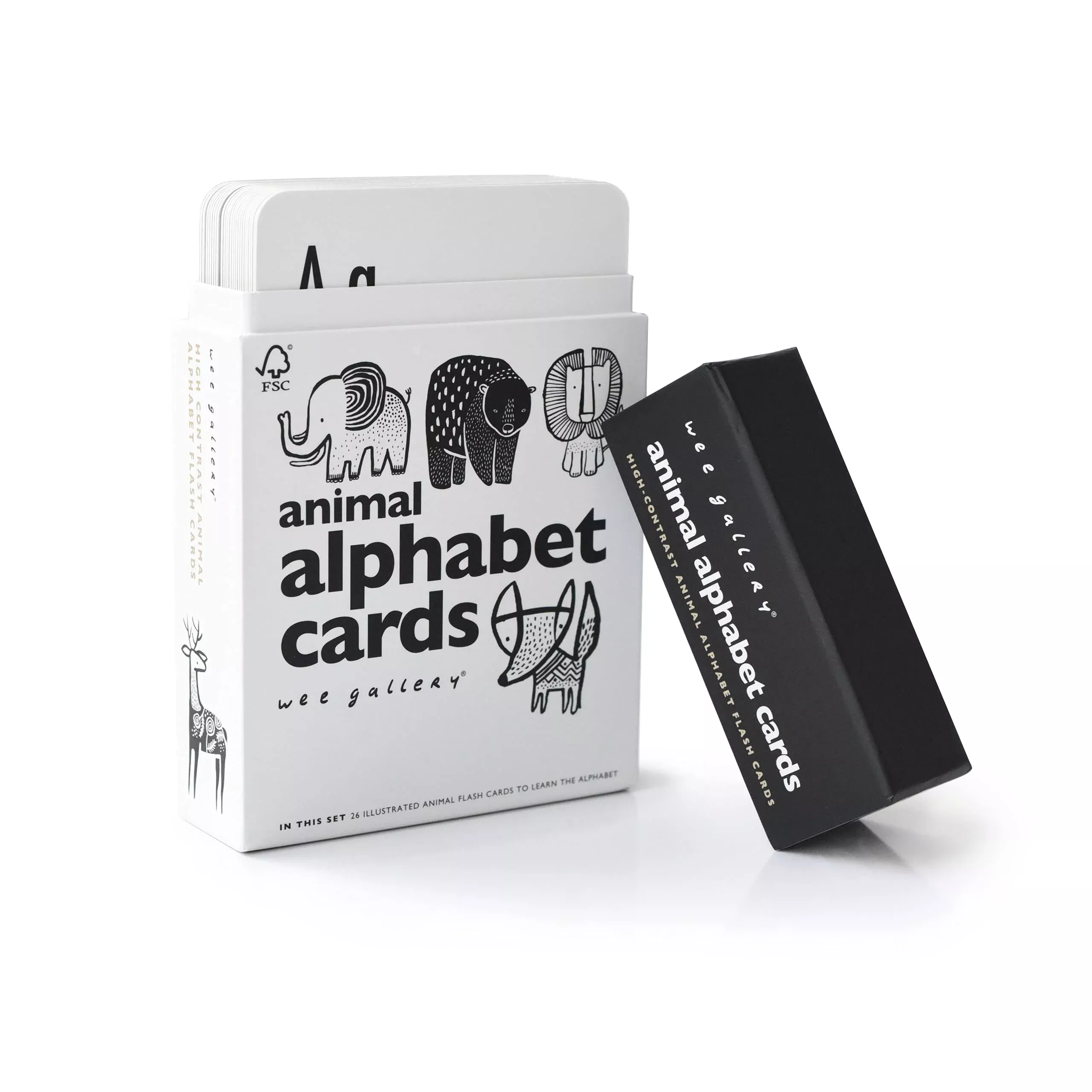 Wee Gallery Animal Alphabet Flash Cards for Toddlers, 4x6 inch, Black