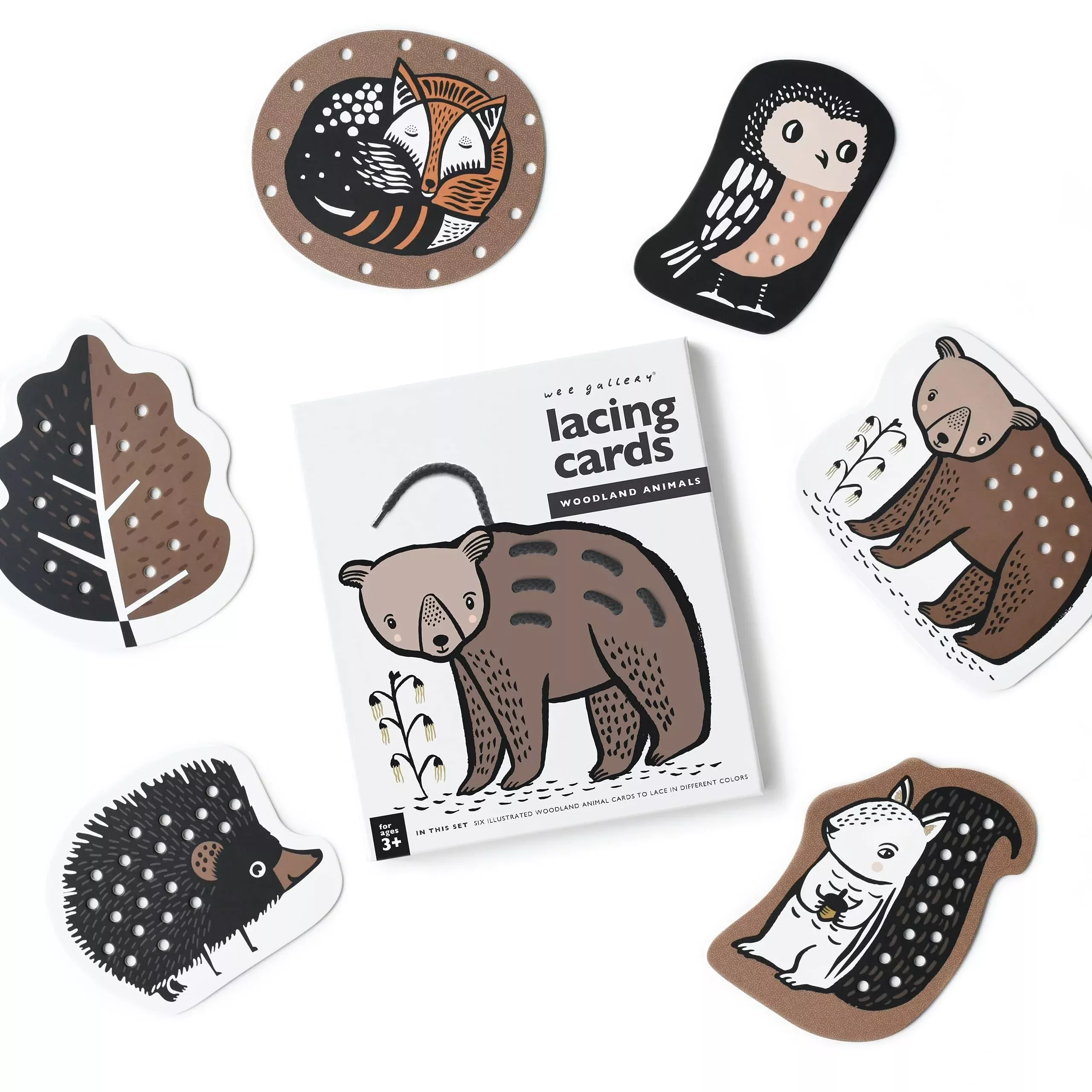 Wee Gallery Lacing Cards for Toddlers, Woodland, Medium, 6 Cards