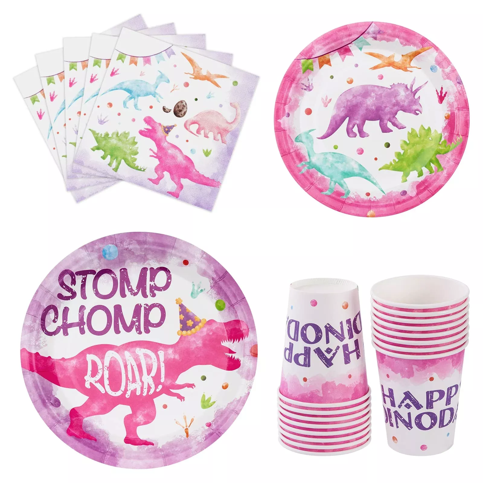 WERNNSAI Dinosaur Party Tableware Set, 64 Pieces, Pink, Multicolor