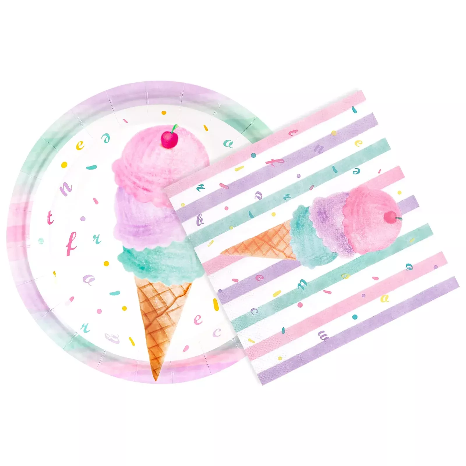 WERNNSAI Ice Cream Theme Disposable Dinnerware Set, 100pcs, White/Pink