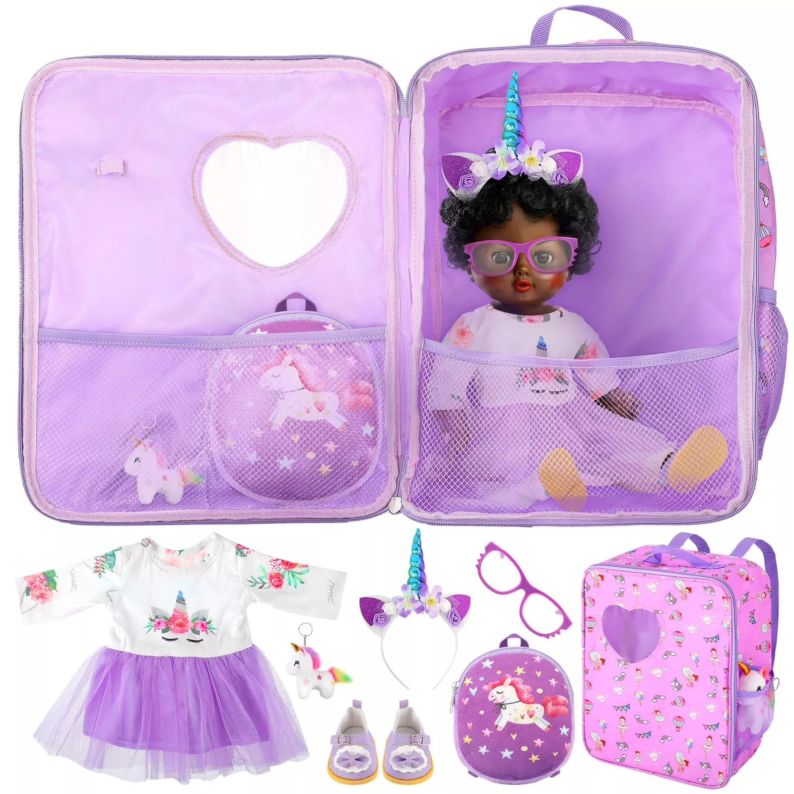 Wettarn Unicorn Doll Carrier Set for 18 Inch Dolls, Purple, Medium