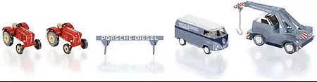 Wiking 99095 HO Scale Porsche Tractor, Demag Crane, VW Van Set - Assembled -- 2 Tractors, 1Van, 1 Crane, Porsche Diesel Barricade