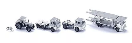 Wiking 99096 HO Scale Lepoix 5-Vehicle Set - Assembled -- Auto Carrier, 2 Semi Tractors, Farm Tractor and Motorcycle
