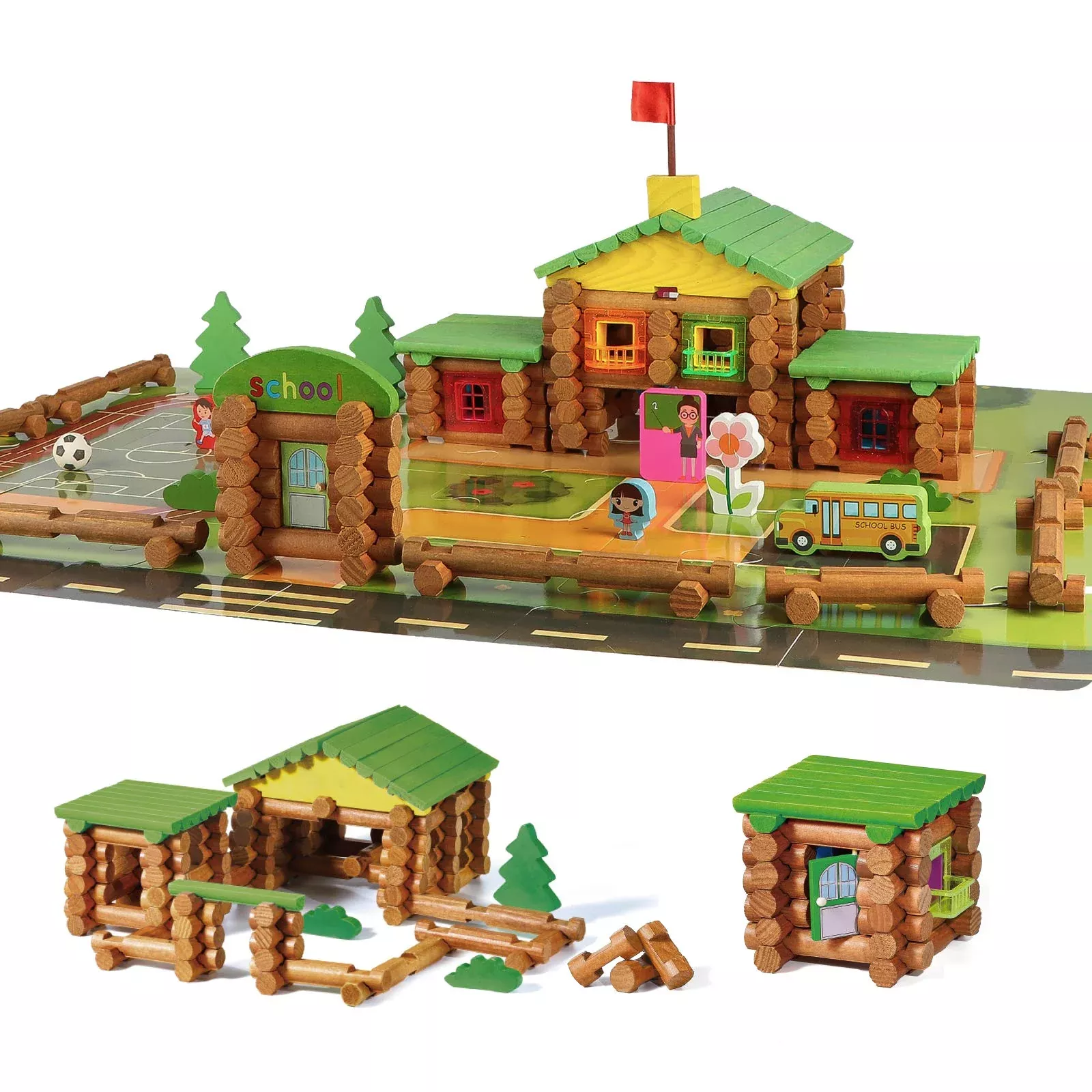 Wondertoys Wooden Log Construction Set 269 Pieces Green Yellow