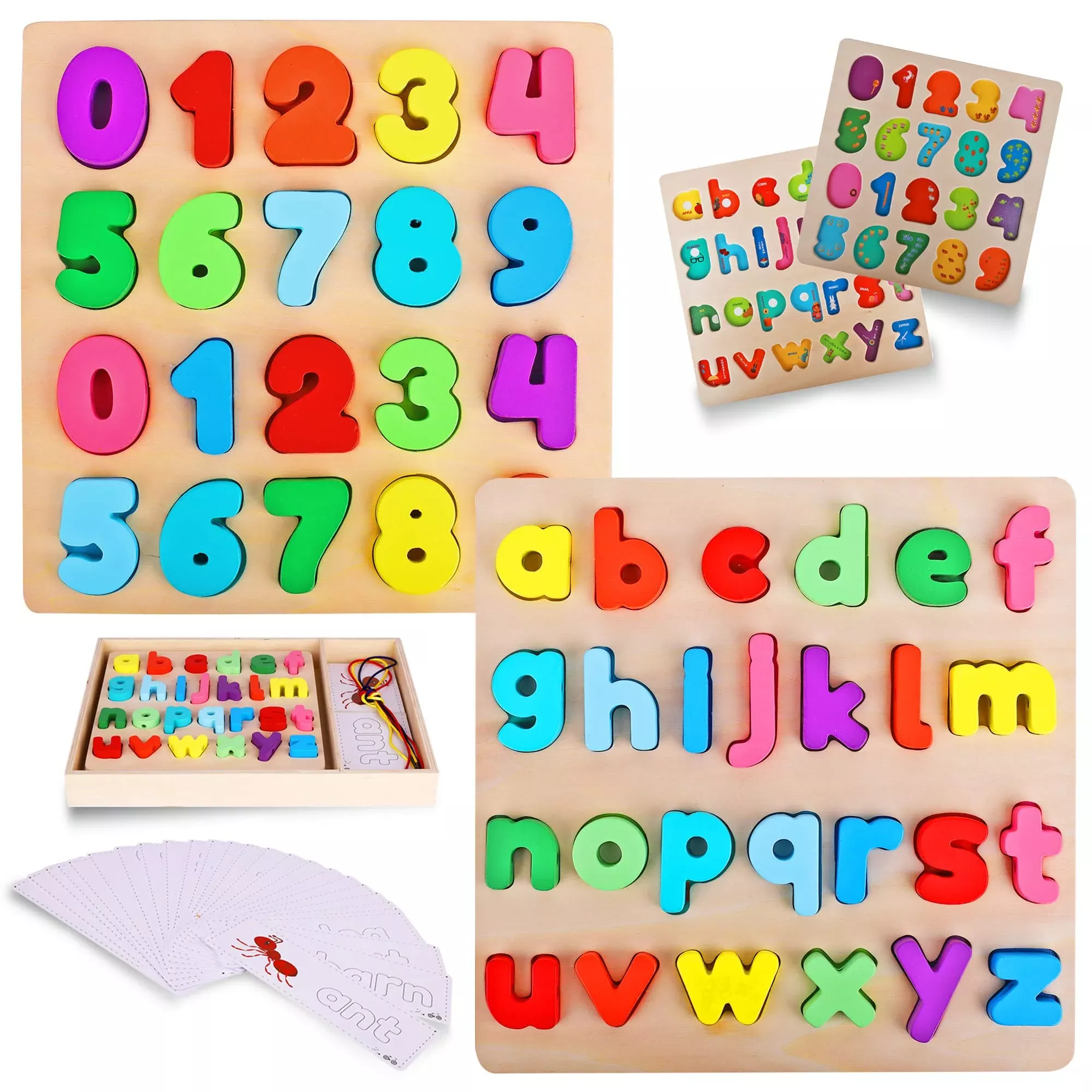 Wooden Alphabet Puzzle & Number Puzzle And Flash Cards Set - Includes