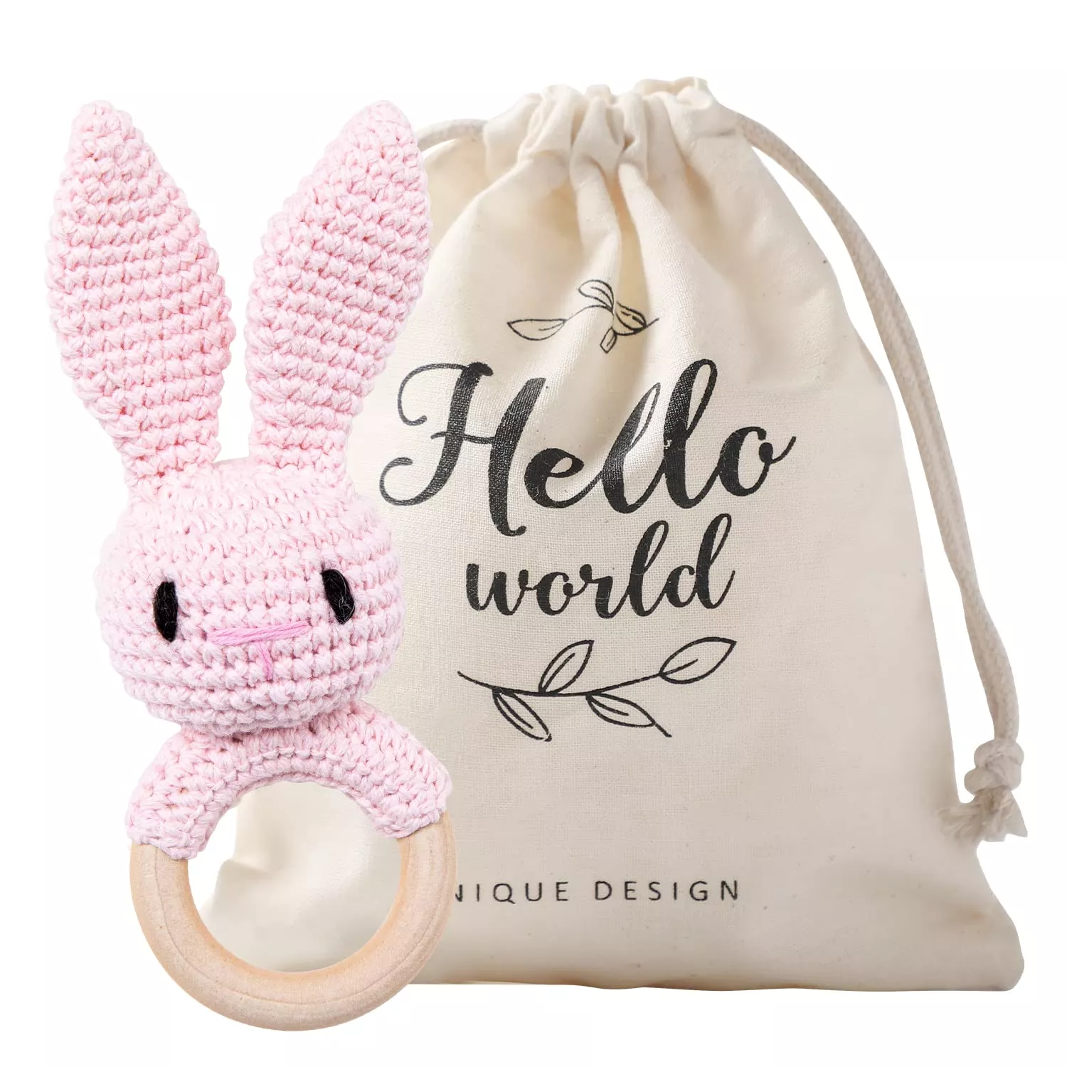 WOODEN TEETHER Crochet Baby Rattle, Pink Bunny, Organic Toy