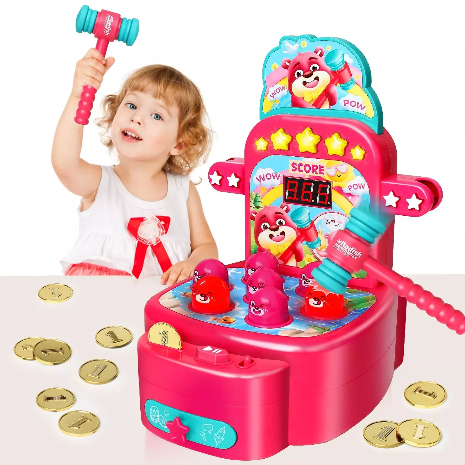 Yerloa Whack Mole Arcade Game for Toddlers, Pink, Medium Size
