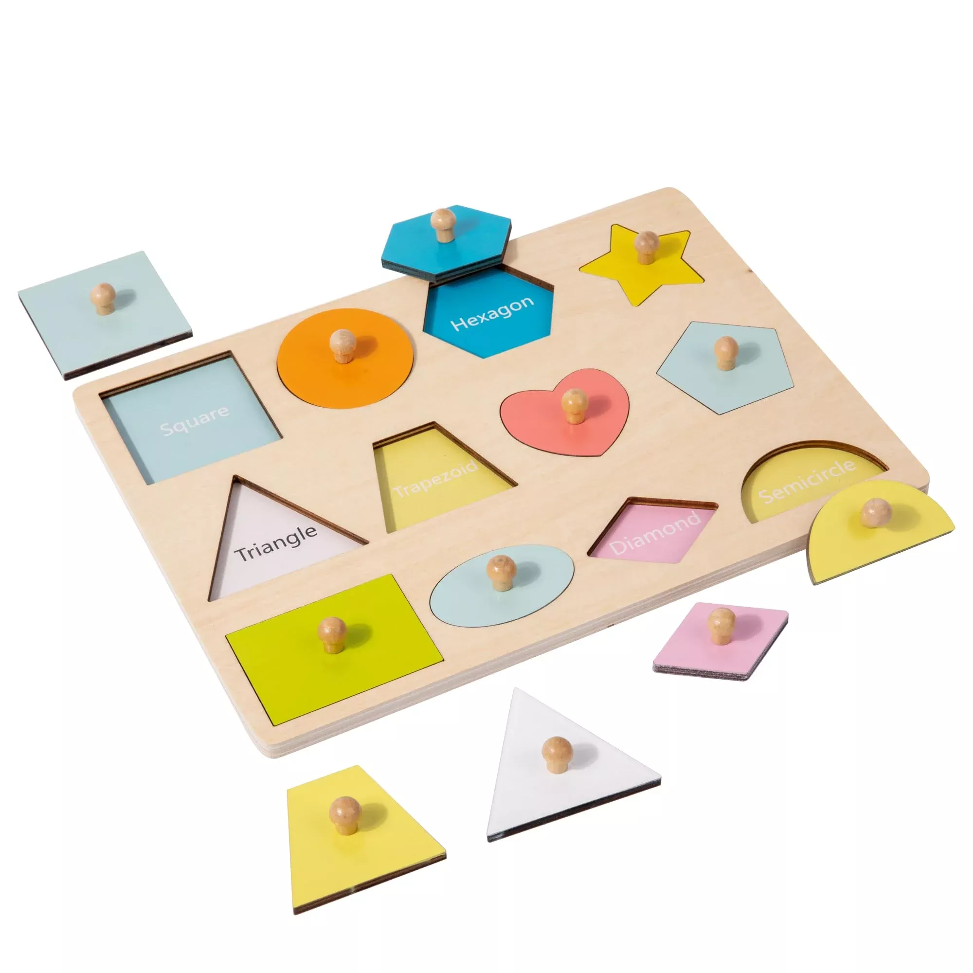 YunHe Wooden Shape Sorter Puzzle for Toddlers, 12 Shapes, Macaron