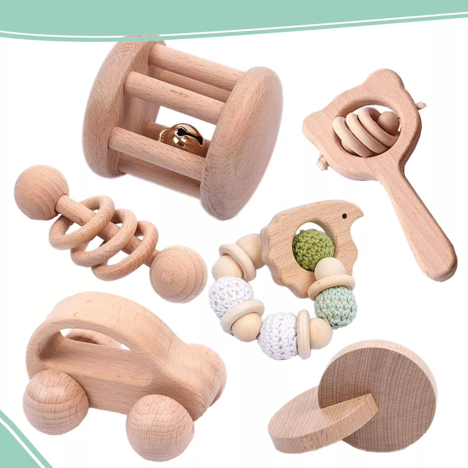 YunHe XinQiao Wooden Baby Rattle Toy Set, Natural Beech, Beige