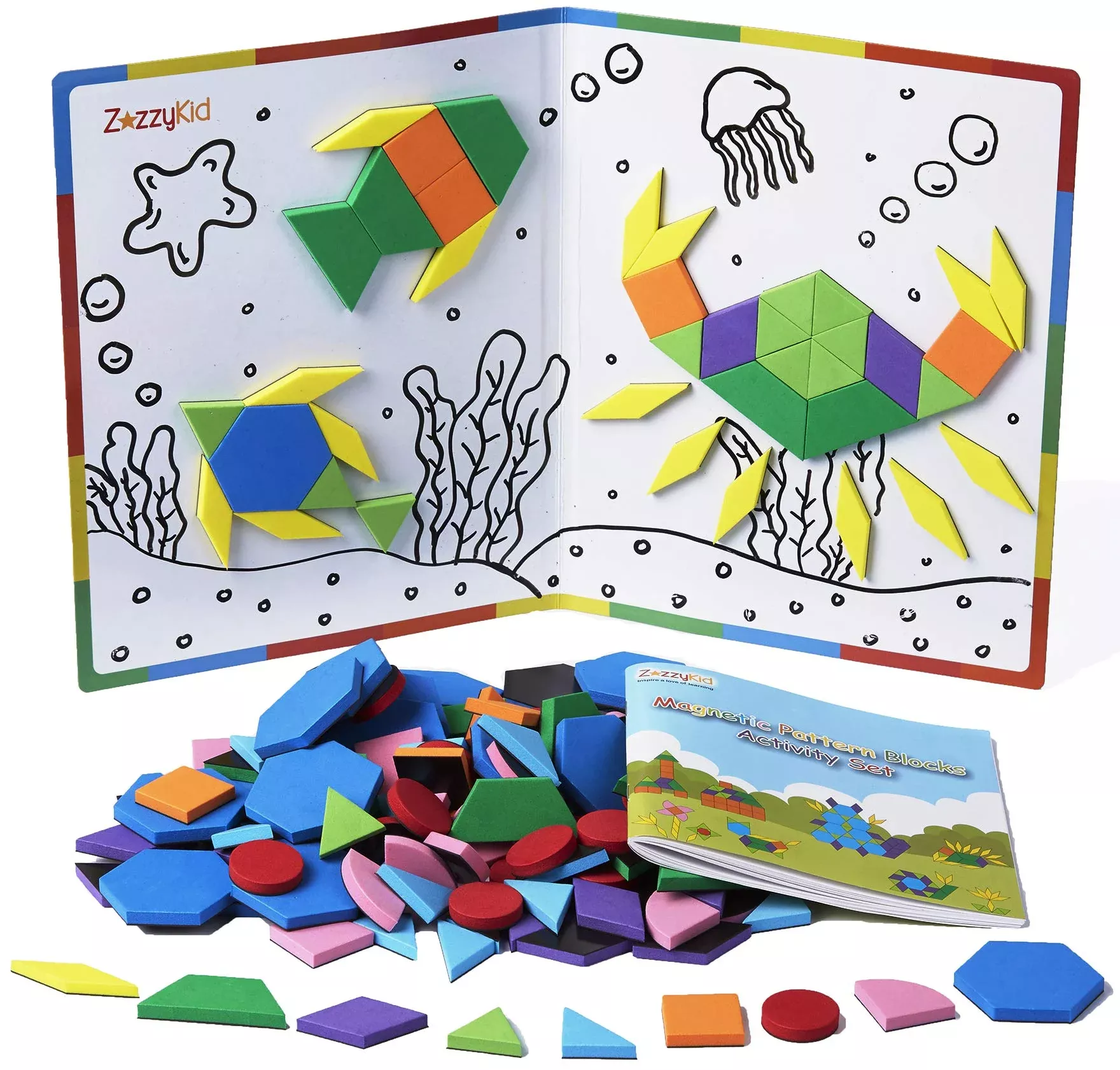 ZazzyKid Magnetic Pattern Blocks Set - 216 Pcs Geometric Shapes, Multicolor
